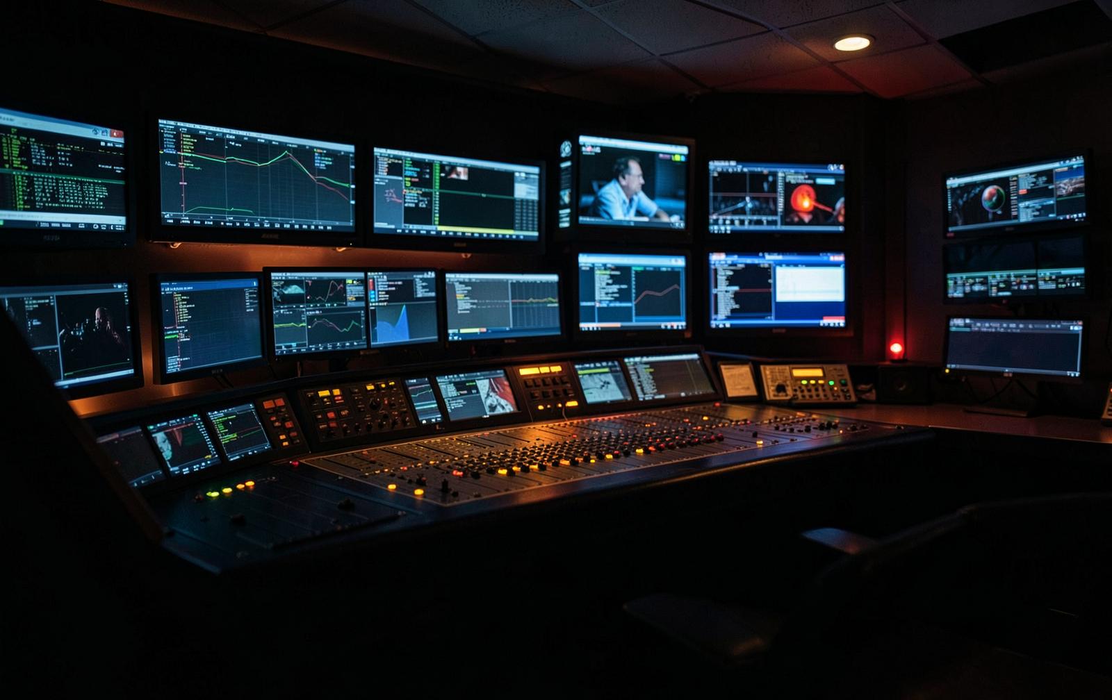 Darkened television news gallery with a wall of monitors and a mixing desk